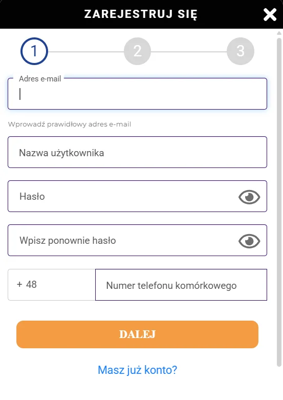Gratowin formularz rejestracyjny krok 1